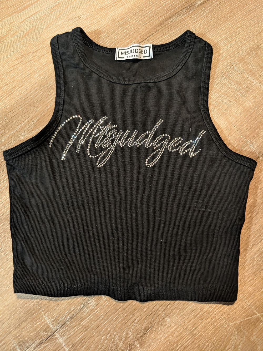 Missguided Black Ribbed Rhinestone Script Tank